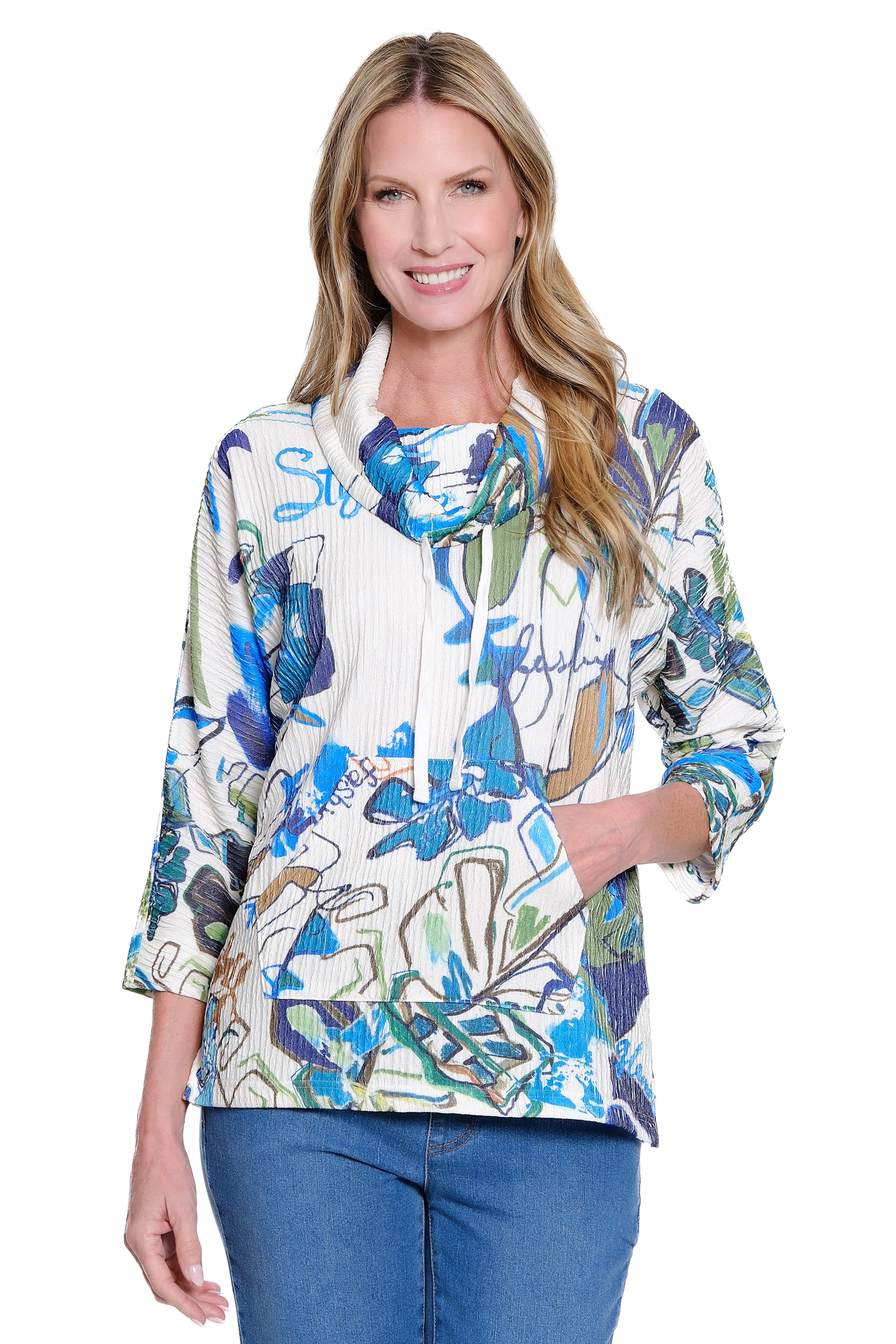 Drawstring Cowl Neck Print Top - Plus - Multi