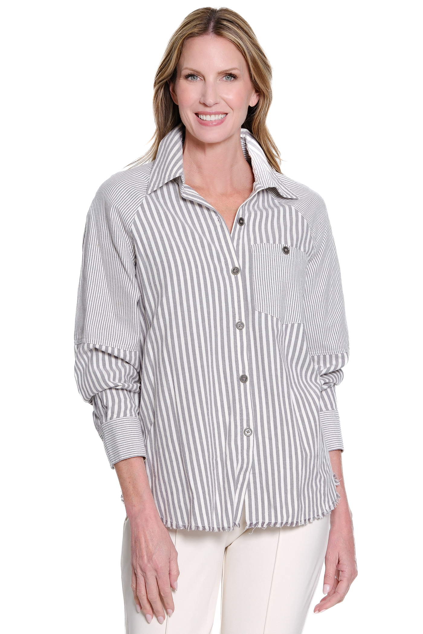 Stripe Cuffed Raglan Flannel Shirt - Plus - Granite