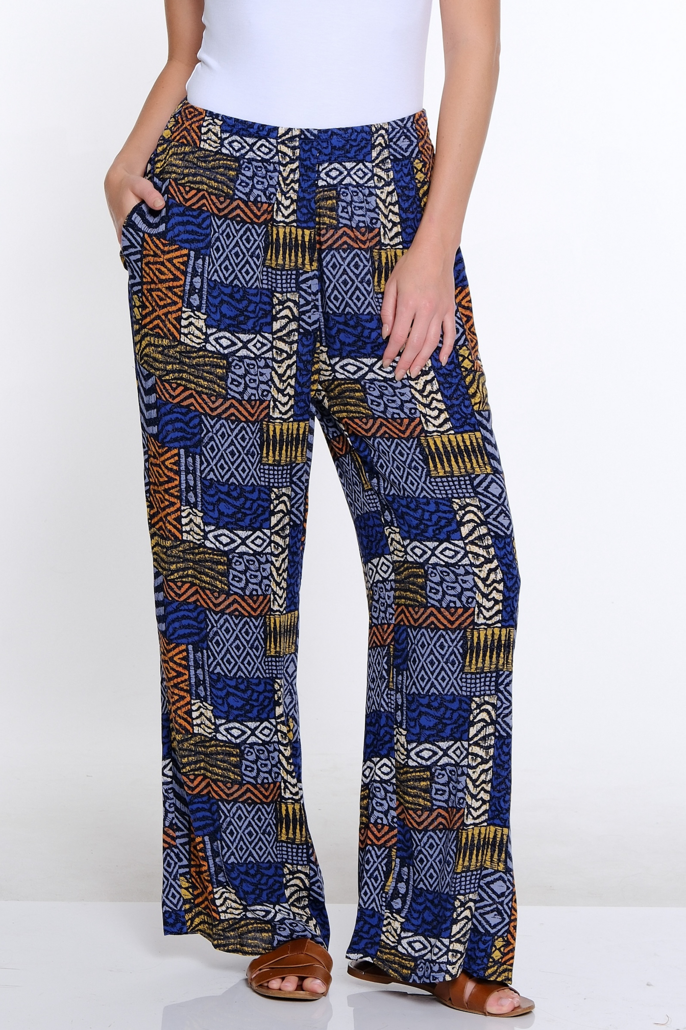 Elastic Waist Wide Leg Pant- Patch Multi