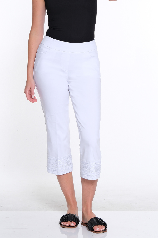 Embroidered Hem Crop Pant- White