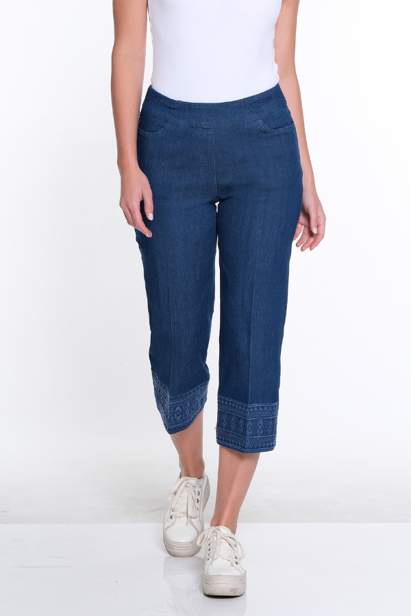 Embroidered Hem Crop Pant- Light Indigo