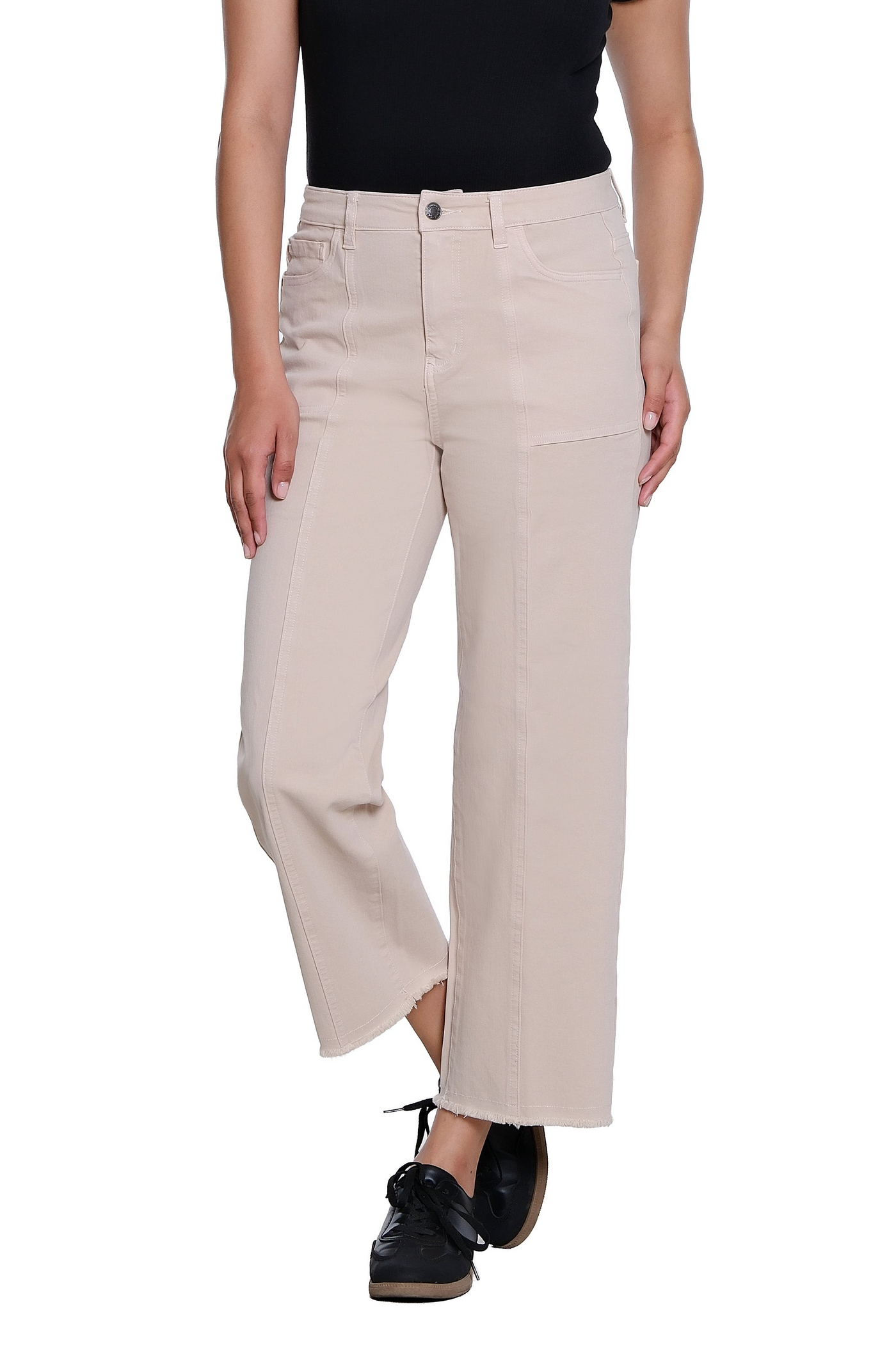 Zip/Button Front 5-Pocket Seamed Woven Crop Jean with Fringe Hem