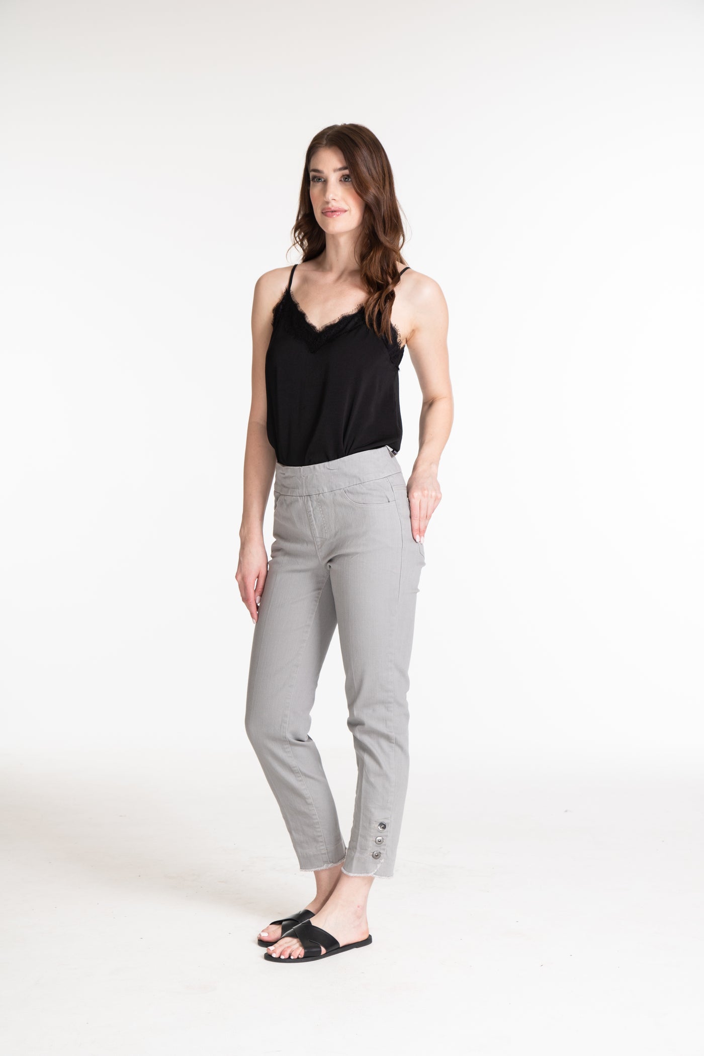 Wide Band 3-Button Fringe Tulip Hem Ankle Jean - Light Grey Denim
