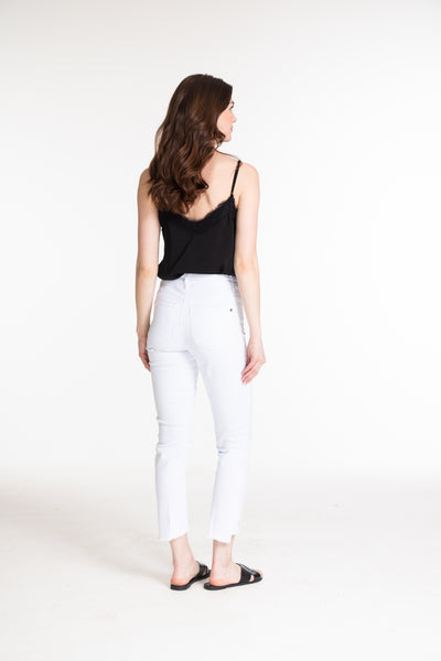 Contour Waist Asymmetrical Fringe Hem Ankle Jean - White