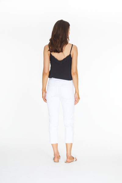 Pull-On Crop Pant with Fringe Lapped Hem - White