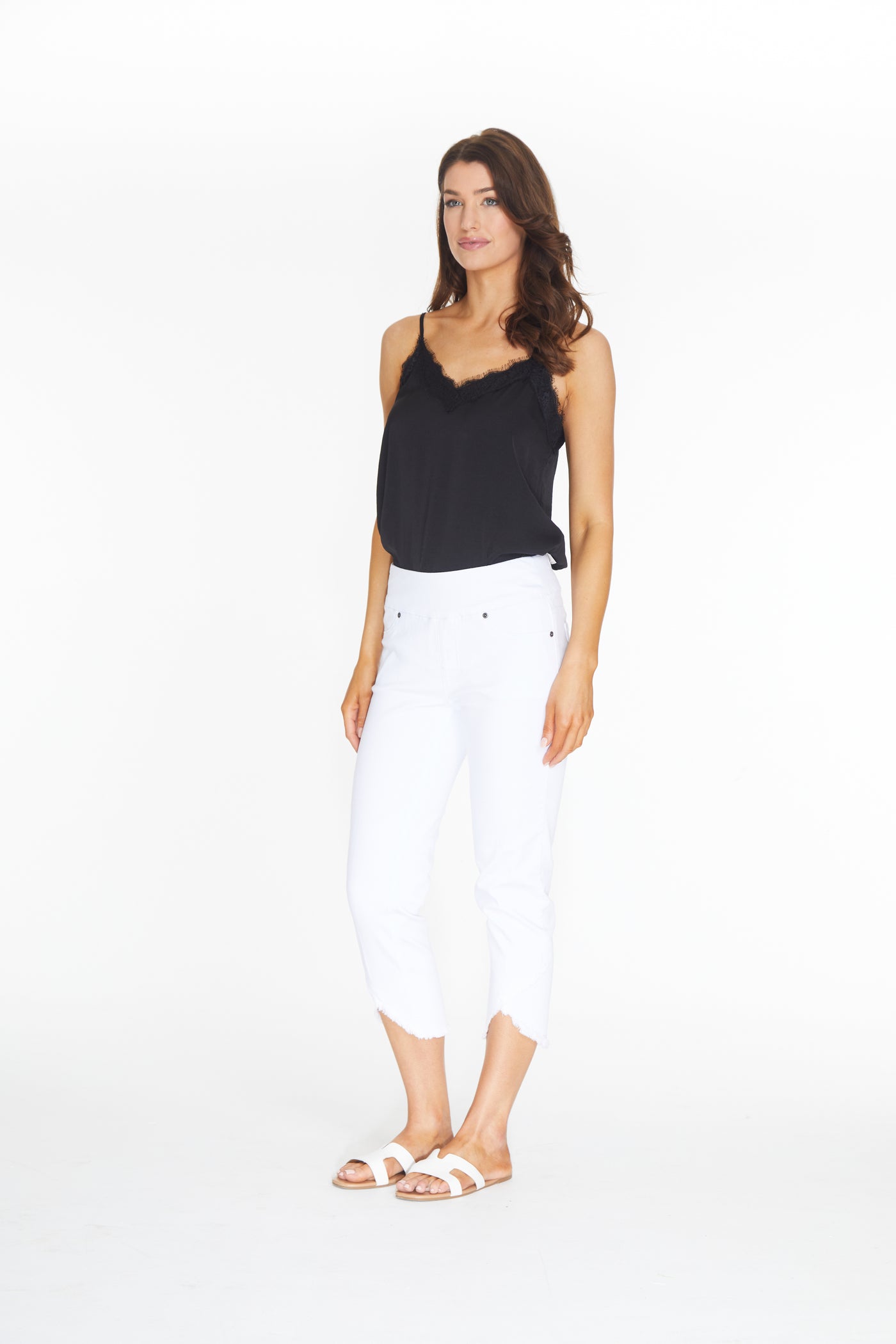 Pull-On Crop Pant with Fringe Lapped Hem - White