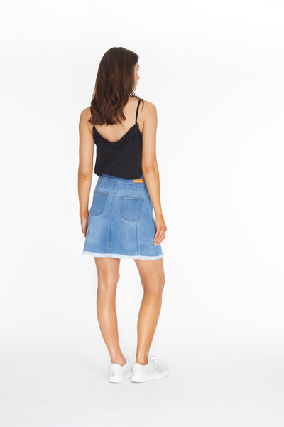 Fringe Hem Jean Skort - Light Denim
