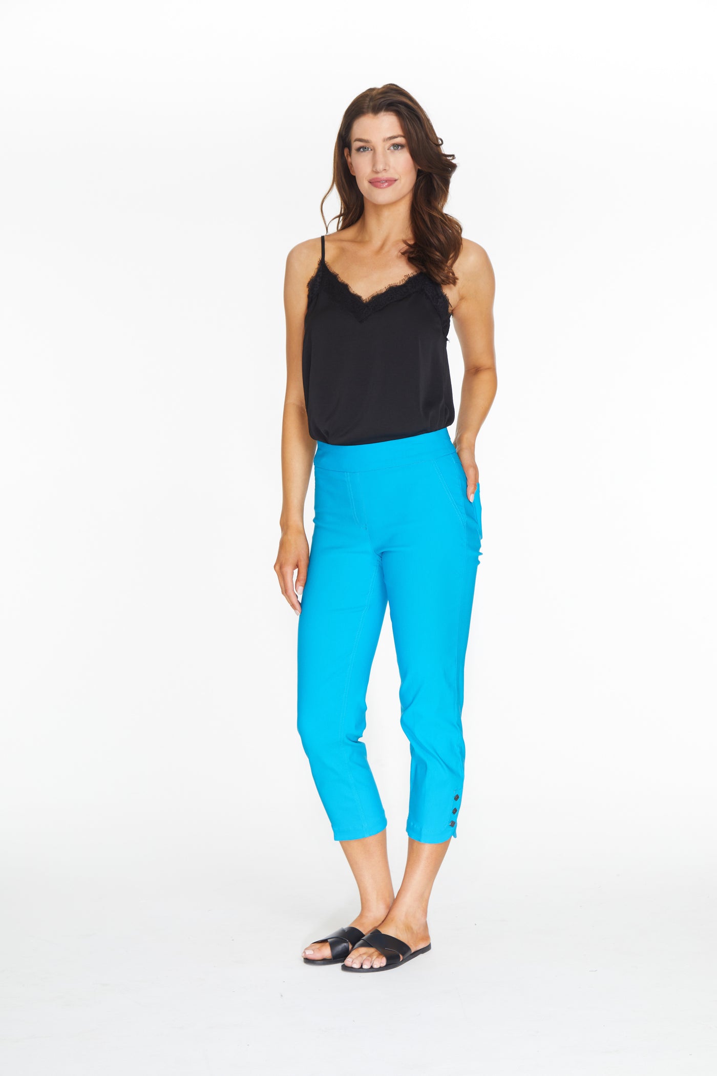 Crop Pant with Button Tulip Hem - Bright Turquoise