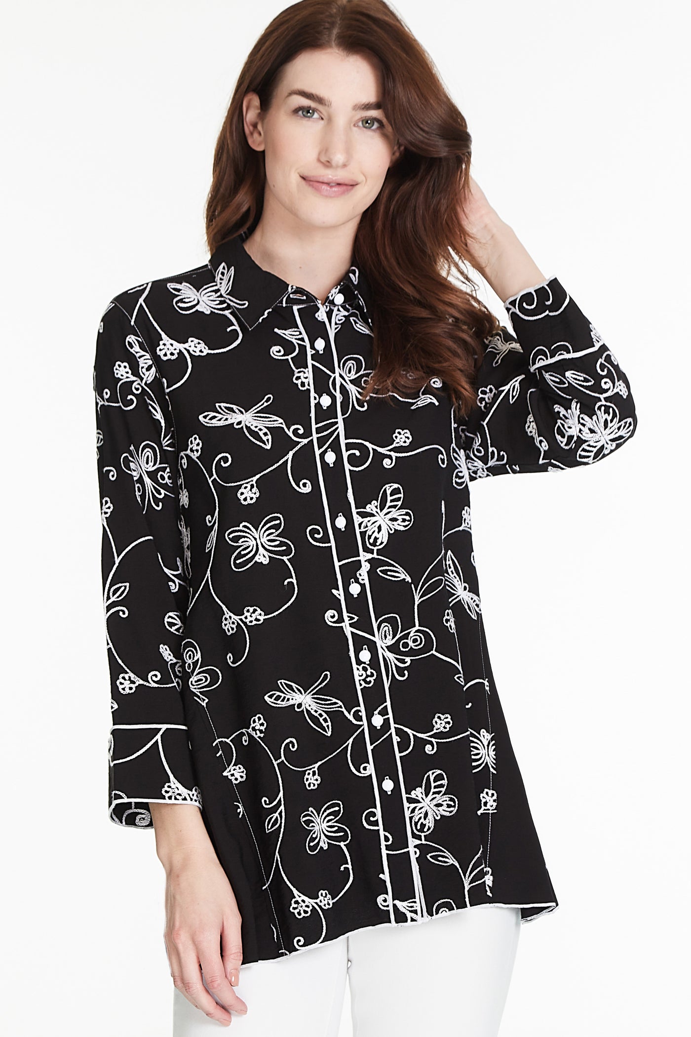 Embroidered Button-Up Shirt - Black