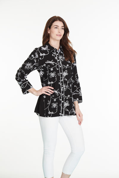 Embroidered Button-Up Shirt - Black