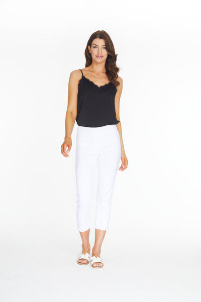 Pull-On Crop Pant with Scallop Embroidered Hem - White