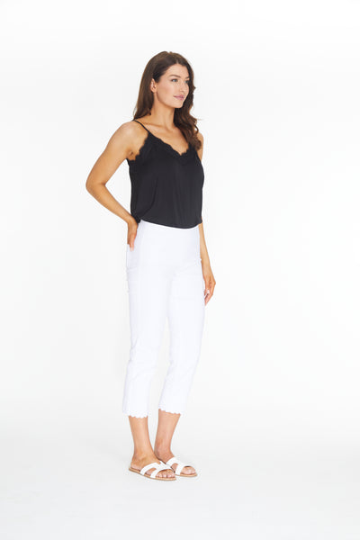 Pull-On Crop Pant with Scallop Embroidered Hem - White