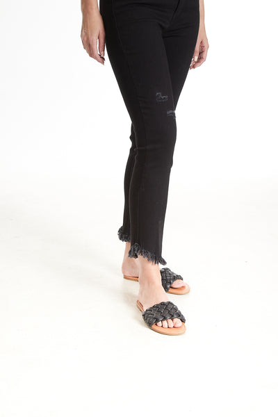 Solid Distressed Denim Ankle Jean With Fringe Hem - Black Denim