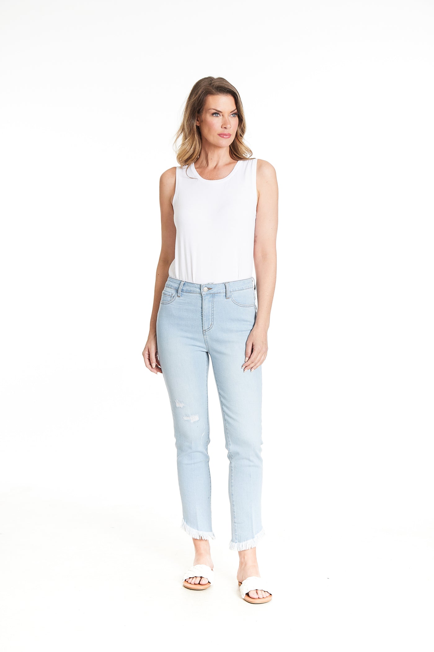 Solid Distressed Denim Ankle Jean With Fringe Hem - Light Indigo