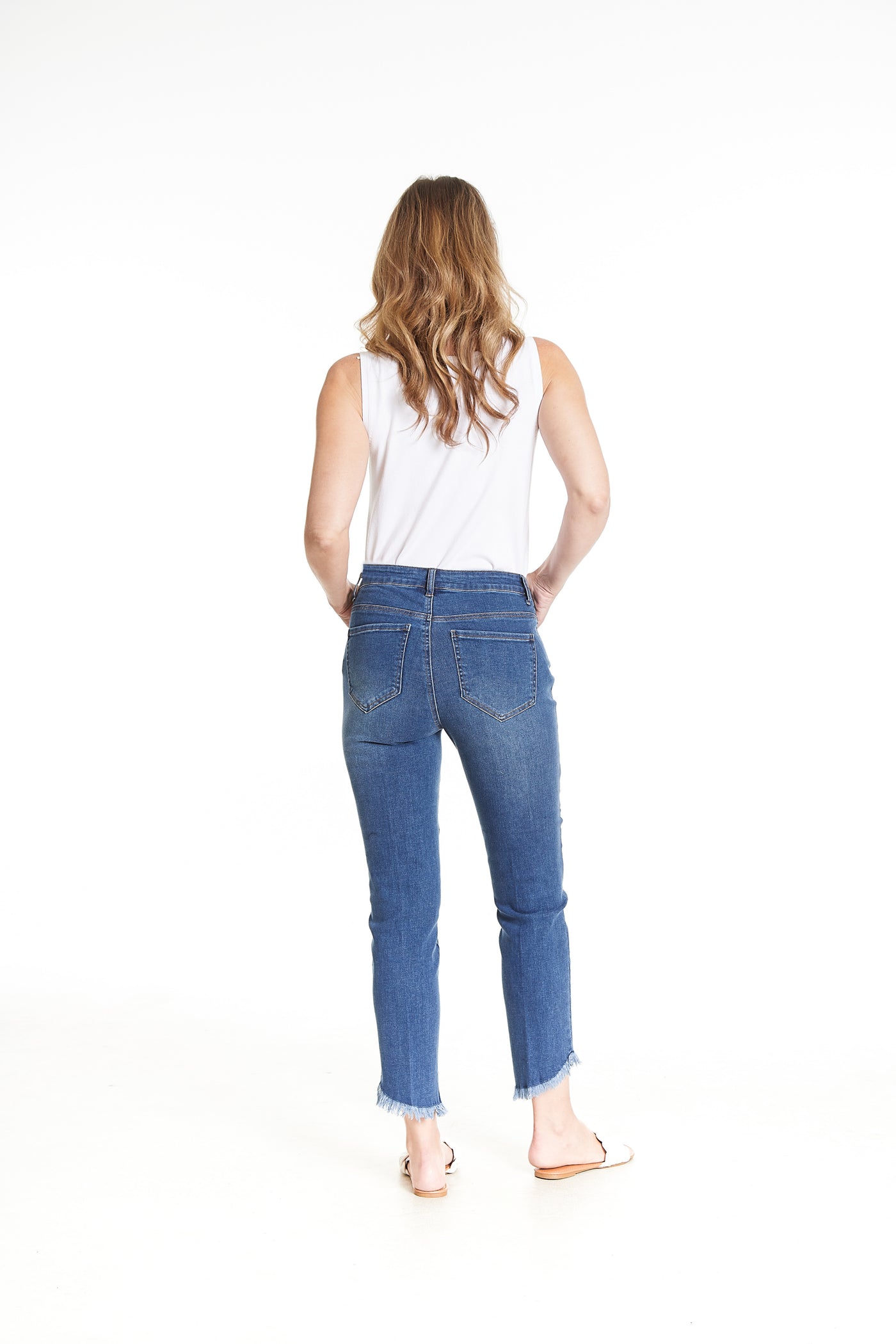 Solid Distressed Denim Ankle Jean With Fringe Hem - Medium Indigo