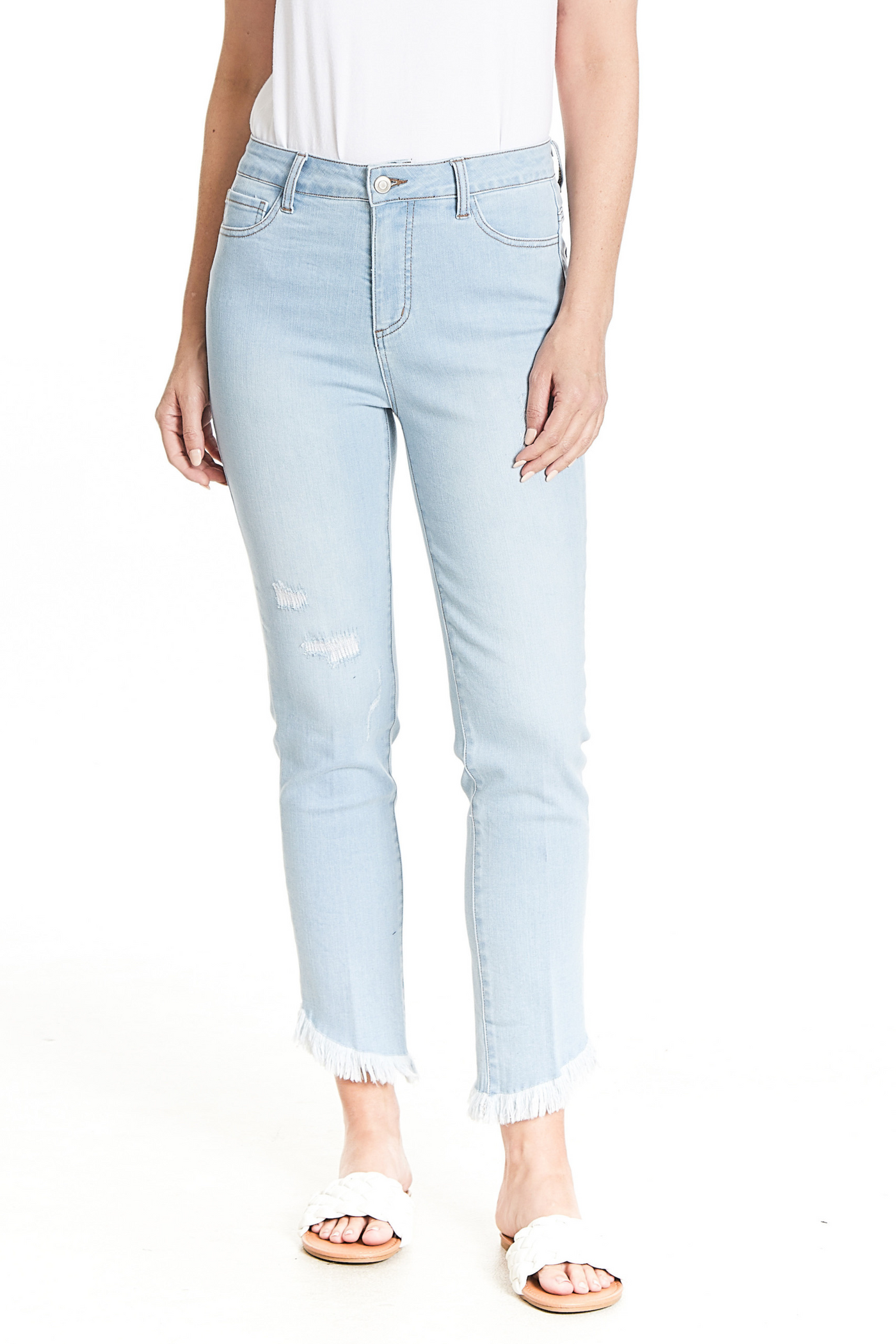Solid Distressed Denim Ankle Jean With Fringe Hem - Light Indigo