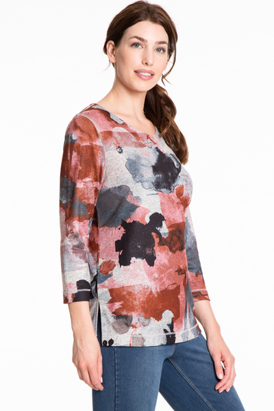 V-Neck Print Hacci Knit Top - Multi